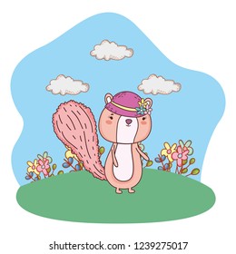cute little chipmunk with female hat in the field