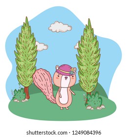 cute little chipmunk with female hat in the field