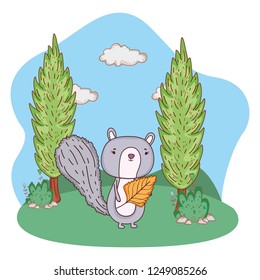 cute little chipmunk with leaf in the field