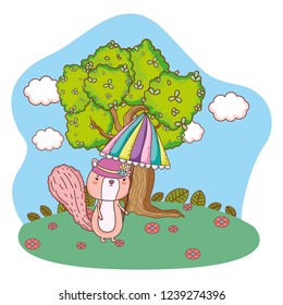 cute little chipmunk with umbrella in the field