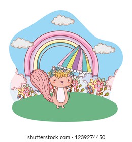 cute little chipmunk with umbrella in the field