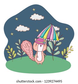 cute little chipmunk with umbrella in the field