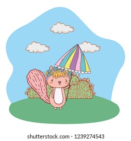 cute little chipmunk with umbrella in the field