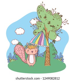 cute little chipmunk with umbrella in the field