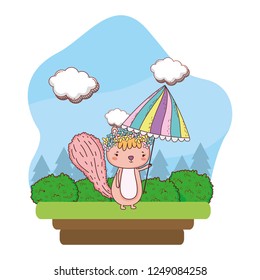 cute little chipmunk with umbrella in the field