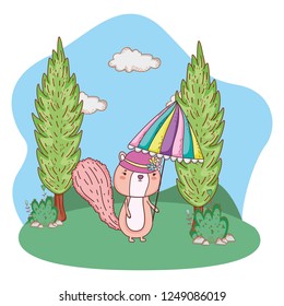 cute little chipmunk with umbrella in the field