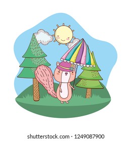 cute little chipmunk with umbrella in the field