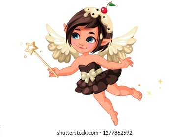 Cute little chocolate vanilla fairy with cherry on head holding magic wand