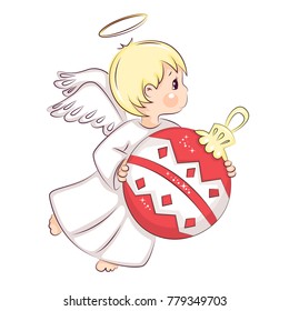 Cute little Christmas angel. He flies and holds in his hands a red Christmas tree ball. Vector isolated on white background.