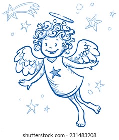 Cute little christmas angel with stars, hand drawn doodle sketch