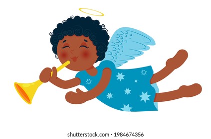 Cute little Christmas angel with trumpet. African-american baby girl. Cartoon character. Vector illustration isolated on white background.