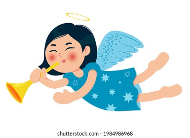 Cute little Christmas angel with trumpet. Asian baby girl. Cartoon character. Vector illustration isolated on white background.