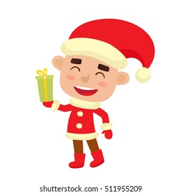 Cute little Christmas boy elf in red costume smiling with gift, vector illustration isolated on white used for magazine or book, poster and card, web pages.