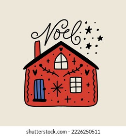 Cute little Christmas doodle cartoon house building flat vector clipart hand drawn illustration isolated on color background. Scandinavian noel Xmas minimalist art.