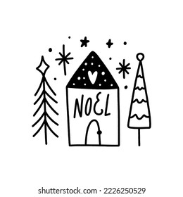 Cute little Christmas doodle cartoon house building flat vector clipart hand drawn illustration isolated on white background. Scandinavian noel Xmas minimalist art.