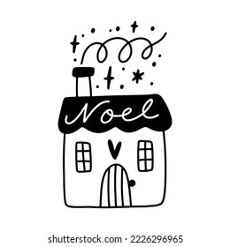 Cute little Christmas doodle cartoon house building flat vector clipart hand drawn illustration isolated on white background. Scandinavian noel Xmas minimalist art.