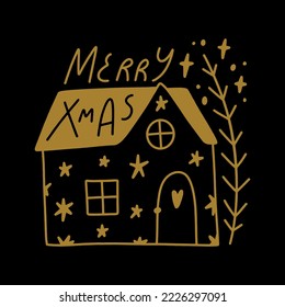 Cute little Christmas doodle cartoon house building flat vector clipart hand drawn gold illustration isolated on black background. Scandinavian noel Xmas minimalist art.
