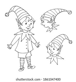 Cute little Christmas Elf boy. Vector hand drawn outline Cartoon character. Simple illustration for New year and xmas design, greeting cards, calendars, prints, childrens coloring book