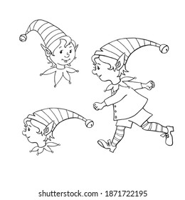 Cute little Christmas Elf boy. Vector hand drawn outline Cartoon character. Simple illustration for New year and xmas design, greeting cards, calendars, prints, childrens coloring book