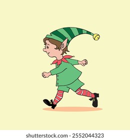 Cute little Christmas Elf boy. Vector hand drawn outline color Cartoon character. Simple illustration for New year, xmas, childrens design, greeting cards, calendars, prints