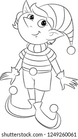 Cute little Christmas elf, dressed funny for winter holiday, perfect for children's coloring book