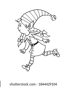 Cute little Christmas Elf girl. Vector hand drawn outline Cartoon character. Simple illustration for New year and xmas design, greeting cards, calendars, prints, childrens coloring book