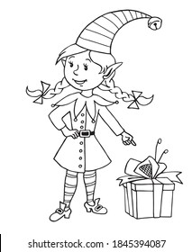 Cute little Christmas Elf girl. Vector hand drawn outline Cartoon character. Simple illustration for New year and xmas design, greeting cards, calendars, prints, childrens coloring book