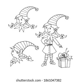 Cute little Christmas Elf girl. Vector hand drawn outline Cartoon character. Simple illustration for New year and xmas design, greeting cards, calendars, prints, childrens coloring book