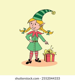 Cute little Christmas Elf girl. Vector hand drawn outline color cartoon character. Simple illustration for New year, xmas, childrens design, greeting cards, calendars, prints