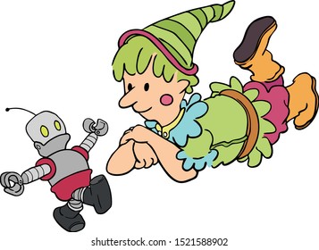 Cute little christmas elf playing with a robot toy. Elf lying and enjoying watching a little robot walking forward. Christmas clipart with a cartoon style.