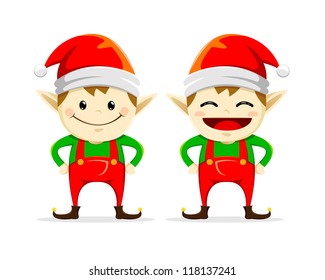 Cute little Christmas elf twins smiling and laughing, vector illustration