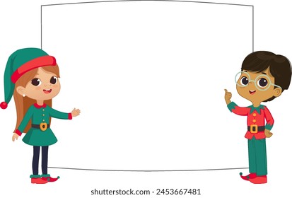 Cute little Christmas elves on a white background showing a blank poster