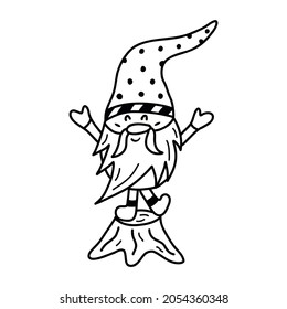 Cute little Christmas or garden gnome stands on a tree stump and sings a song. Black and white vector illustration hand drawn isolated