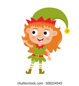Cute little Christmas girl elf smiling, vector illustration isolated on white used for magazine or book, poster and card, web pages.