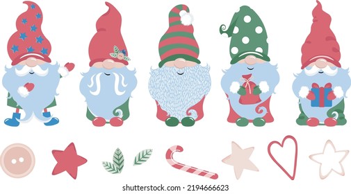 Cute Little Christmas Gnome Collection. Vector set of New Year's gnomes with gifts in colorful green and red hats