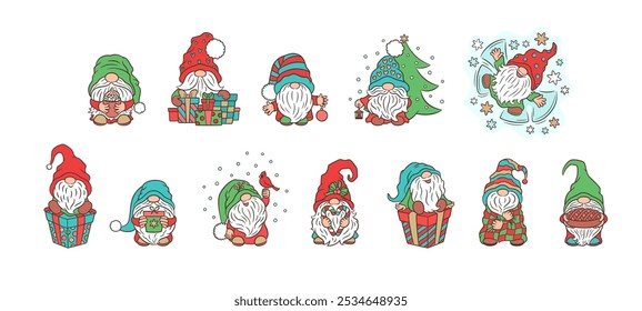 Cute little Christmas gnome collection. Fun cartoon character design isolated set. Scandinavian nordic elf Tomte winter clipart. Christmas items tree, candy cane, cardinal bird, snowflakes, gift box.