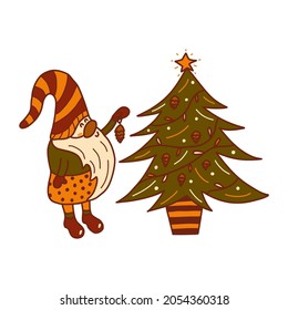 Cute little Christmas gnome stands next to the tree and hangs a pine cone toy. Colorful vector illustration hand drawn isolated. Merry Christmas and happy new year card