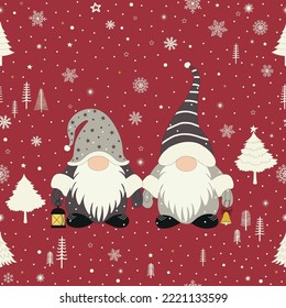 Cute little Christmas gnomes on red background. 