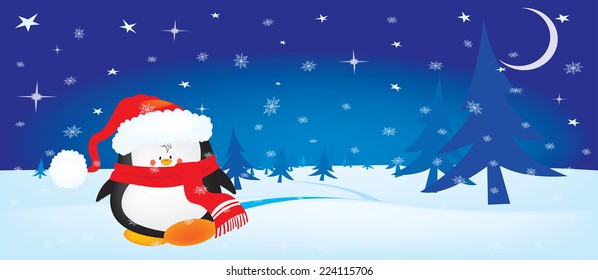 Cute little Christmas penguin on winter night horizontal orientation background /Cute little Christmas penguin