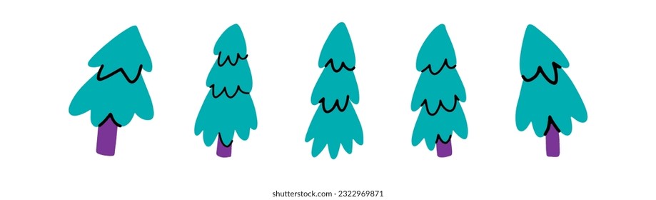 A cute little Christmas tree set. Naive children's illustration for a Christmas and New Year's card. Vector illustration Isolated on a white background.