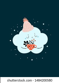 Cute little cloud in hat with cup of coffee, herbal tea. Season postcard. Cartoon childish scandinavian vector illustration character. For print, poster, card, textile, decoration, souvenir