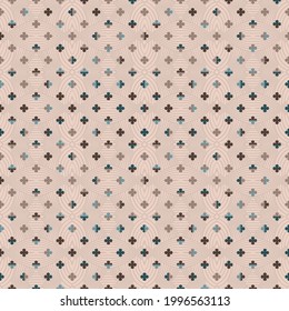 Cute little clovers vector seamless pattern on monochrome ornamental line art  background. Vintage geometric grid texture for fashion, prints, wallpaper and home decor.