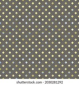 Cute little clovers vector seamless pattern on brown monochrome ornamental line art  background. Vintage geometric grid texture for fashion, prints, wallpaper and home decor.