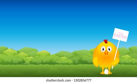 Cute little cock with a Easter placard.Easter greeting card vector illustration