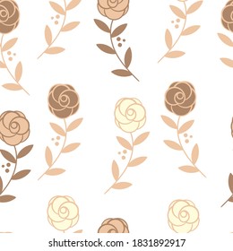 Cute little coffee roses flowers on white background repeating vector pattern