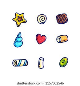 Cute little colorful candy set. Cartoon doodle icons vector illustration.  With star, heart and marshmallow
