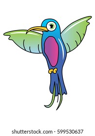 Cute little colorful hummingbird. Happy animal character for children. Simple vector illustration of flying bird with big wings and long yellow beak.