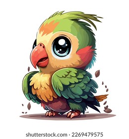 A cute little colorful parrot. Baby parrot. Green and red feathers. Illustration made in vector. Illustration for a child depicting a small beautiful animal.