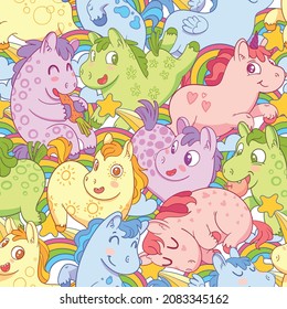 Cute Little Colorful Ponies. Funny Cartoon Character. Vector Illustration. Seamless Pattern For Baby Print