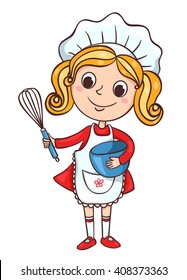Cute little cook girl. Children vector cartoon illustration. Isolated on white.
